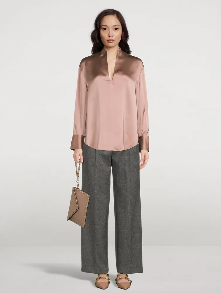 VINCE Split-Neck Silk Tunic Blouse