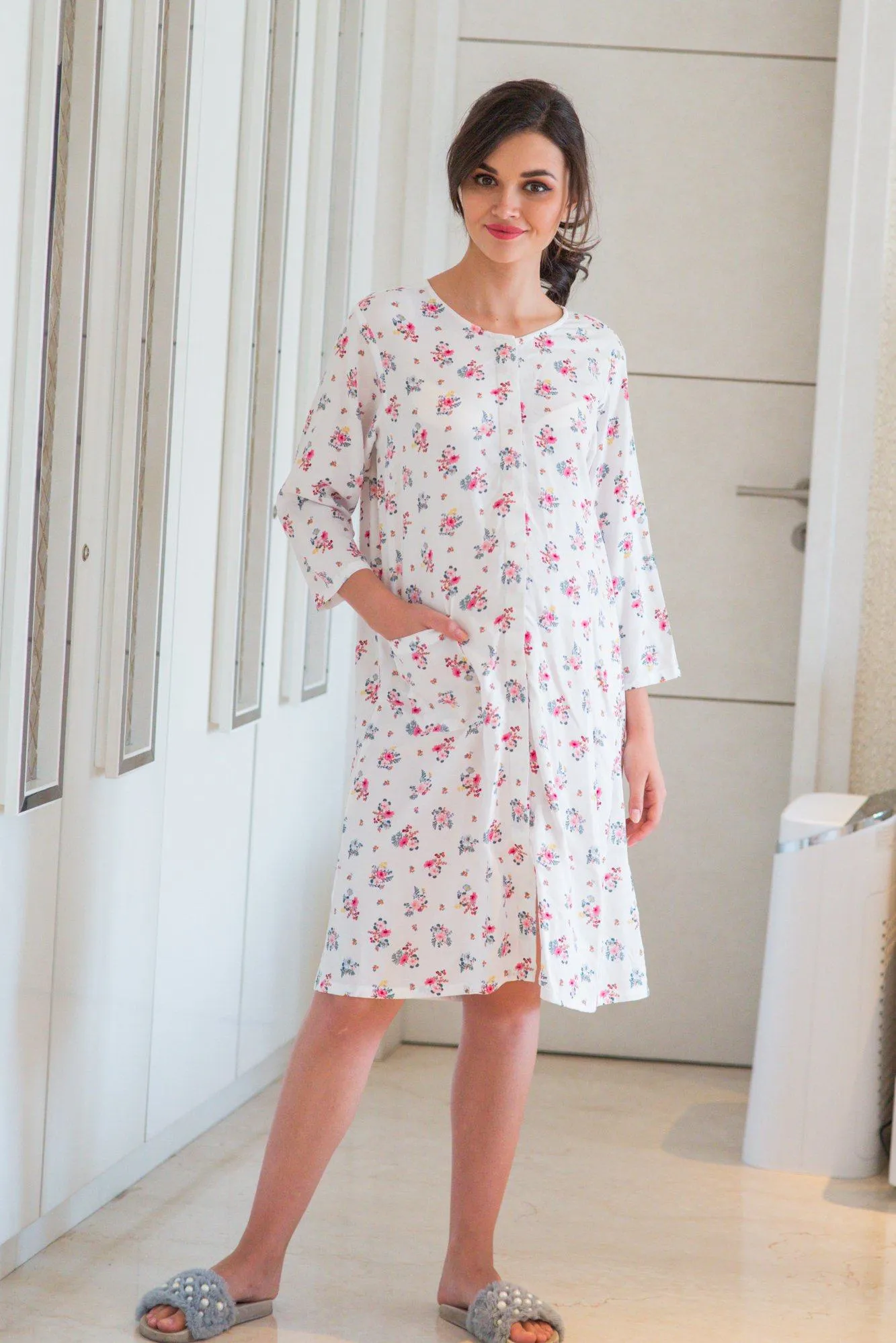 White Floral Maternity & Nursing Night Shirt Dress