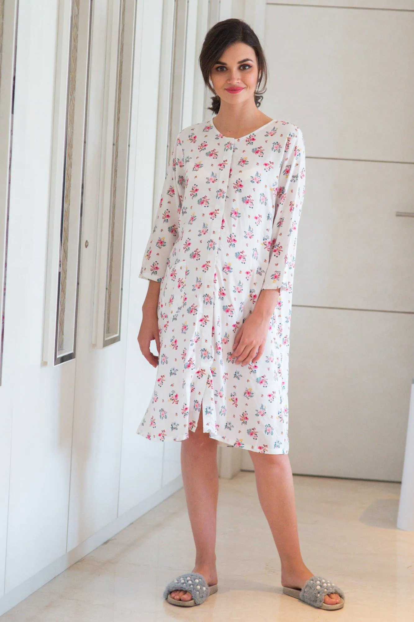 White Floral Maternity & Nursing Night Shirt Dress