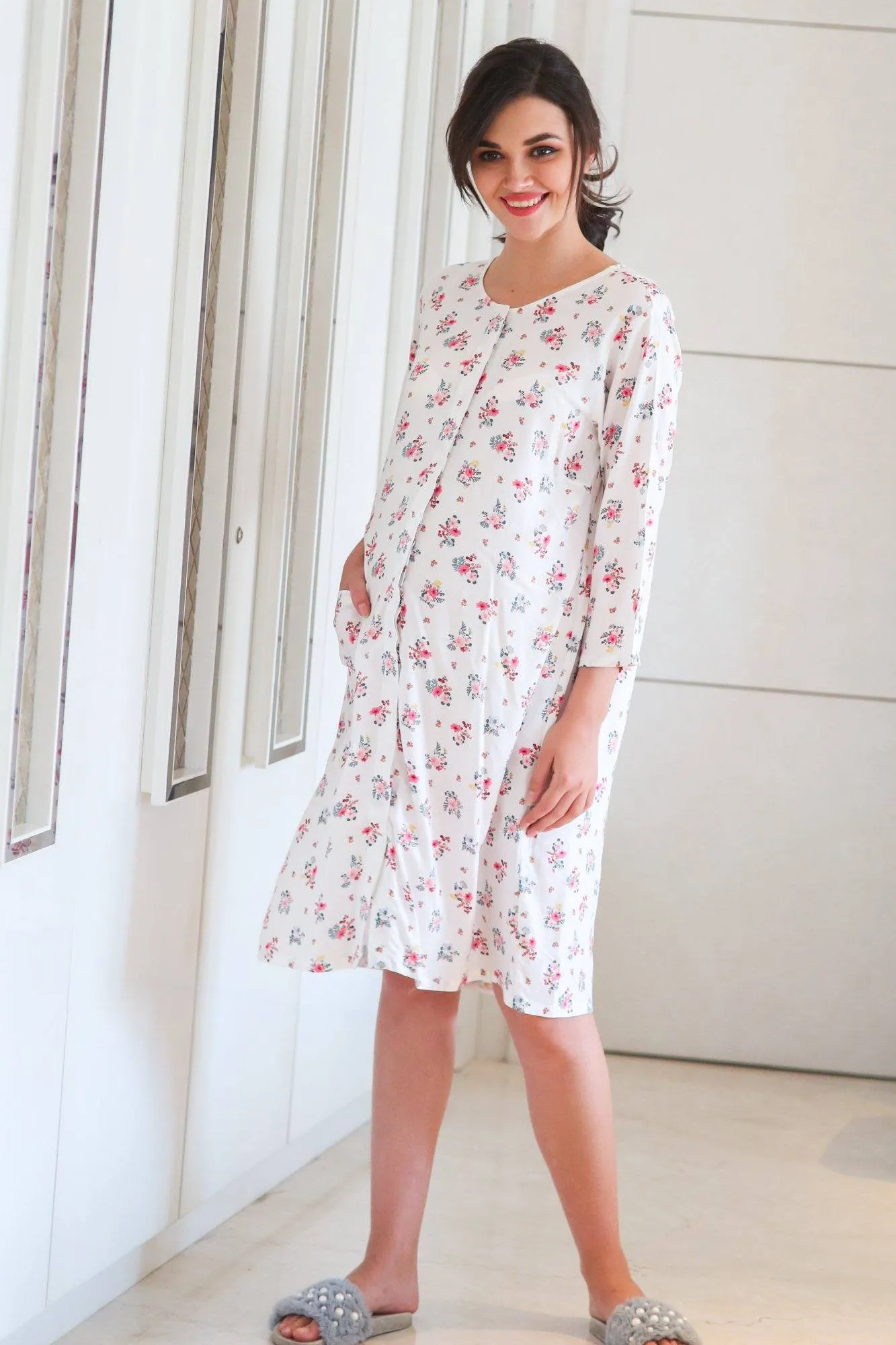 White Floral Maternity & Nursing Night Shirt Dress