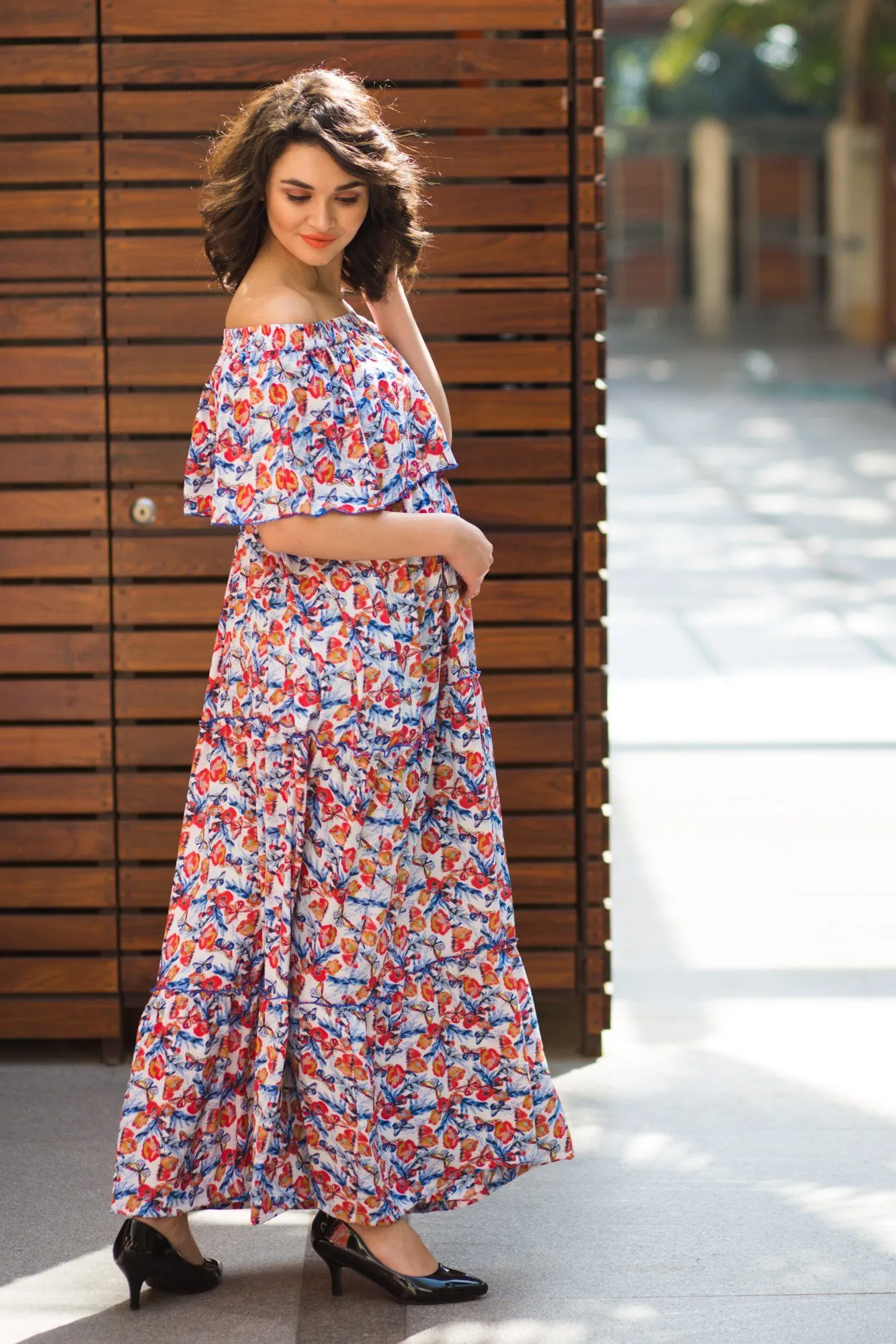 White Garden Off-Shoulder Maternity Dress