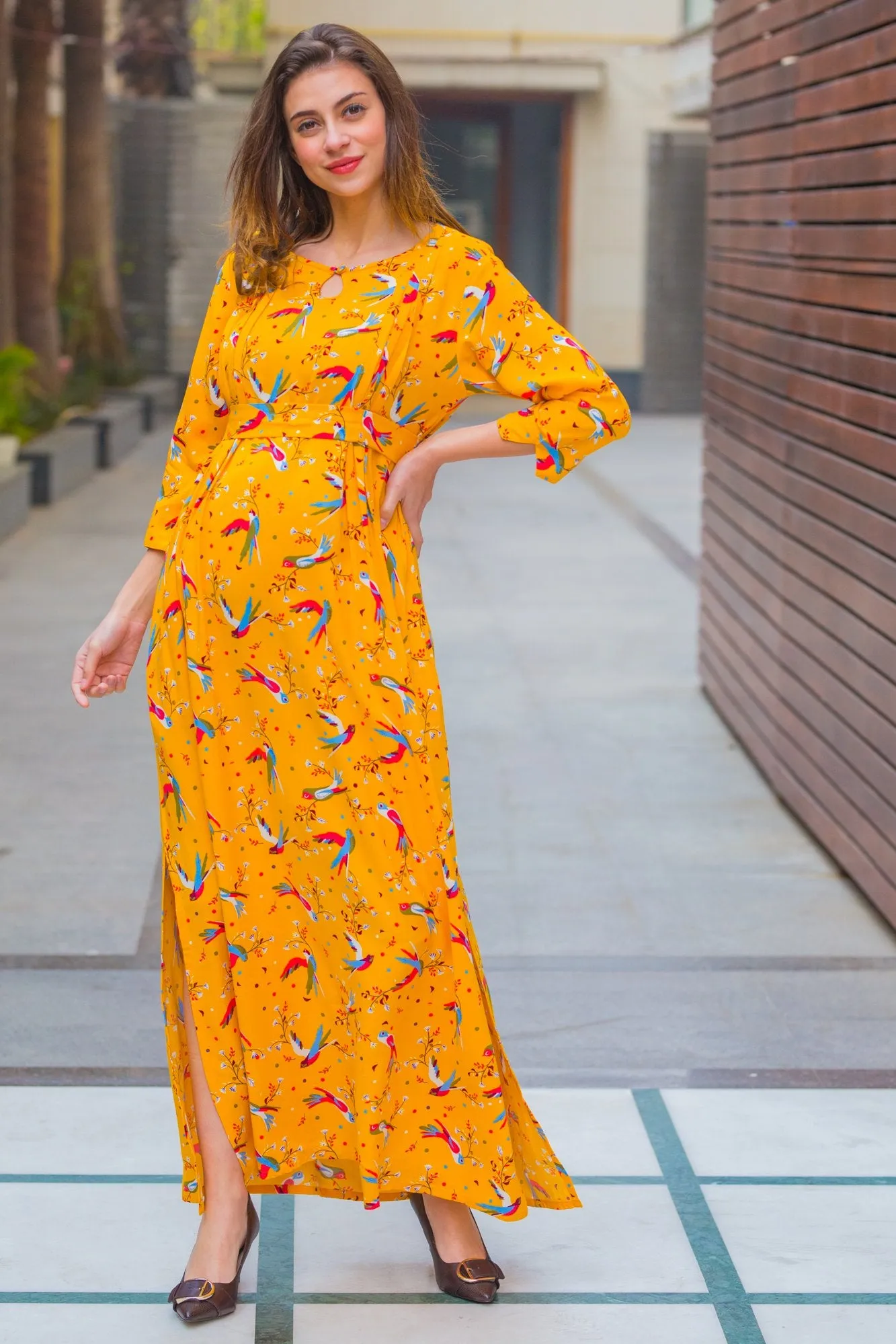 Yellow Birds Side Slits Maternity & Nursing Dress