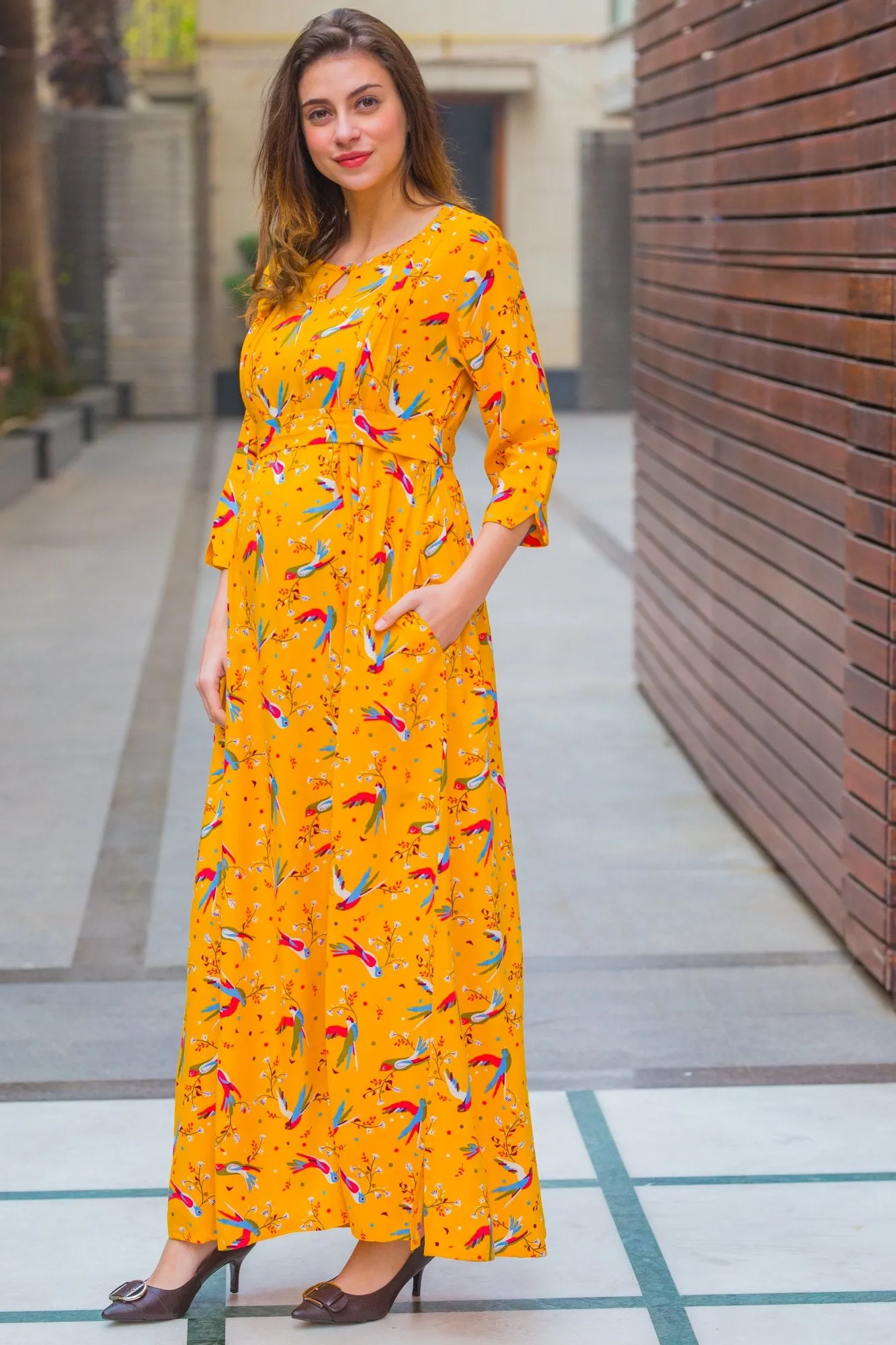 Yellow Birds Side Slits Maternity & Nursing Dress