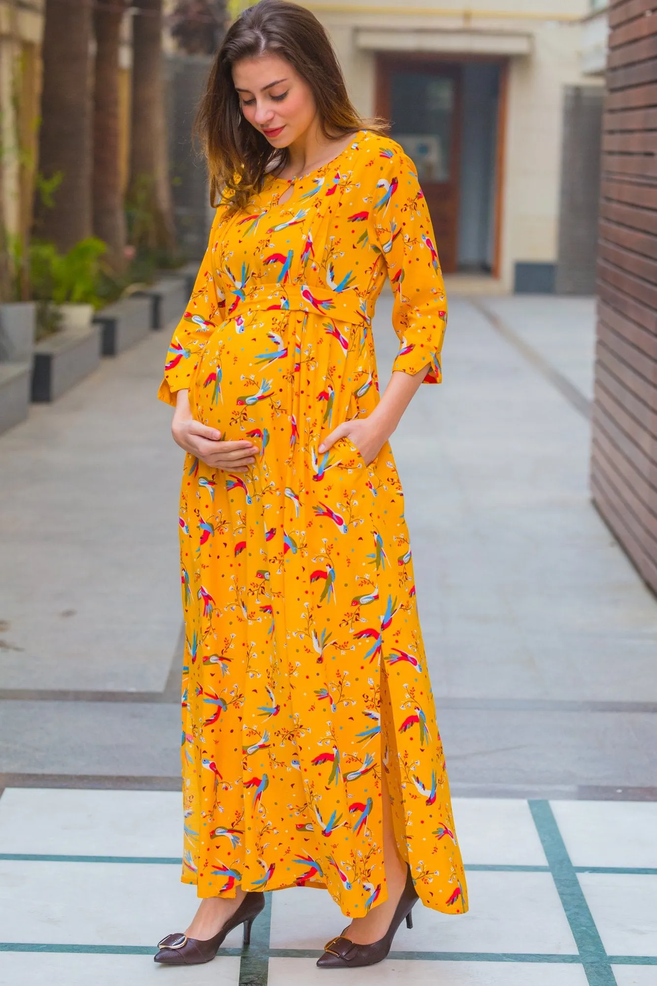 Yellow Birds Side Slits Maternity & Nursing Dress