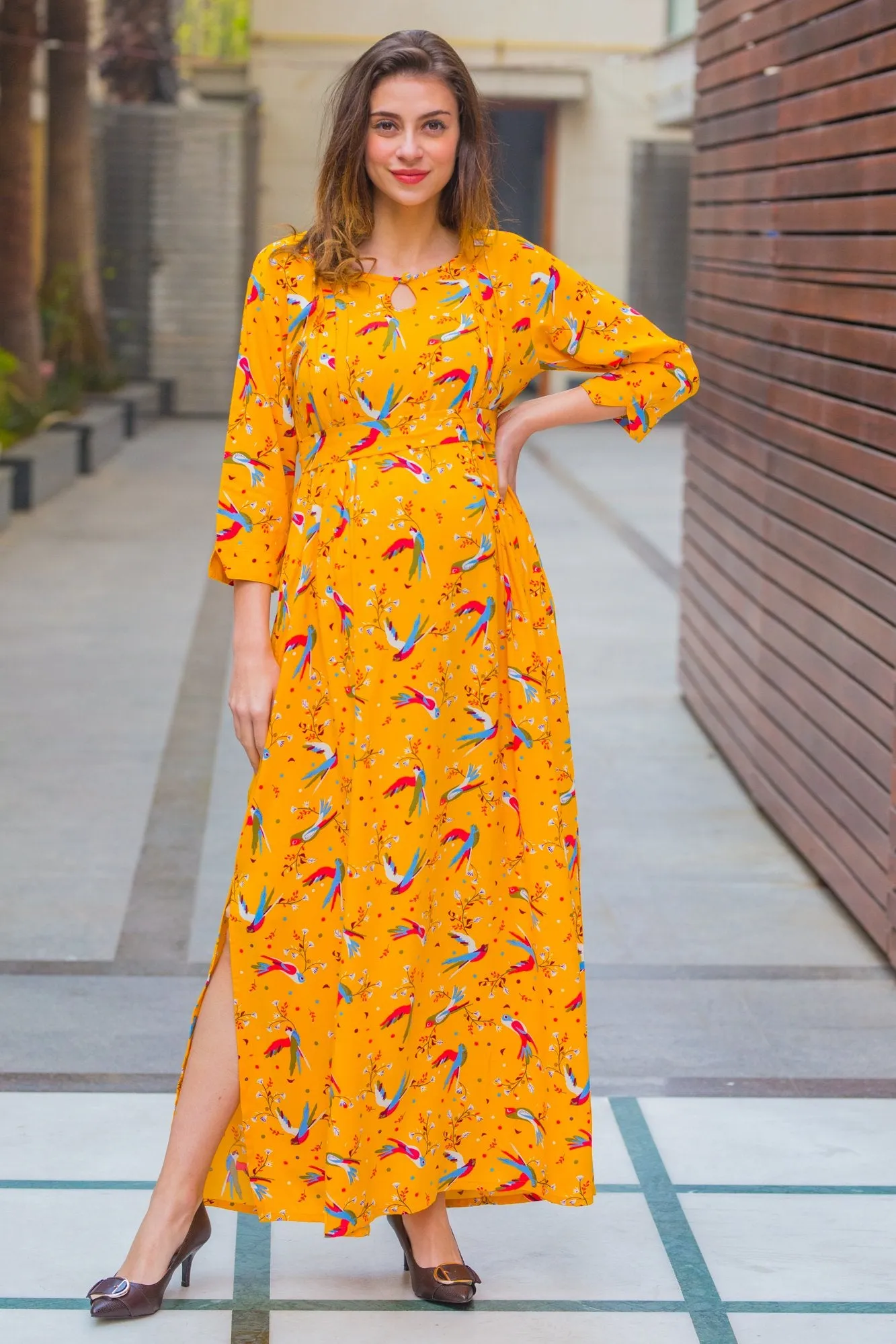 Yellow Birds Side Slits Maternity & Nursing Dress